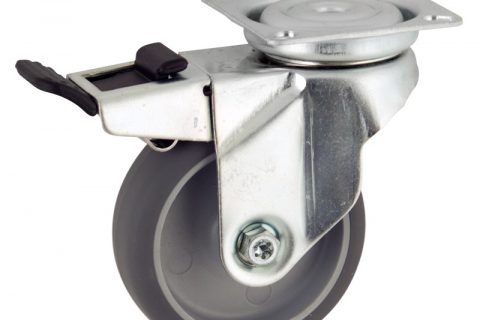 Stahlblech lenkrolle mit totalfeststeller 100mm für lichtwagen,rader aus grau thermoplasticher gummi,gleitlager.Montage mit platte