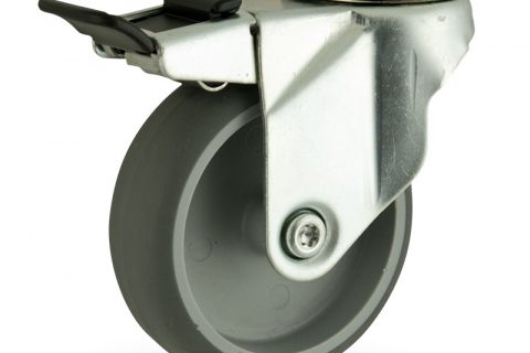 Stahlblech lenkrolle mit totalfeststeller 125mm für lichtwagen,rader aus grau thermoplasticher gummi,konuskugellager.Montage mit rückenloch