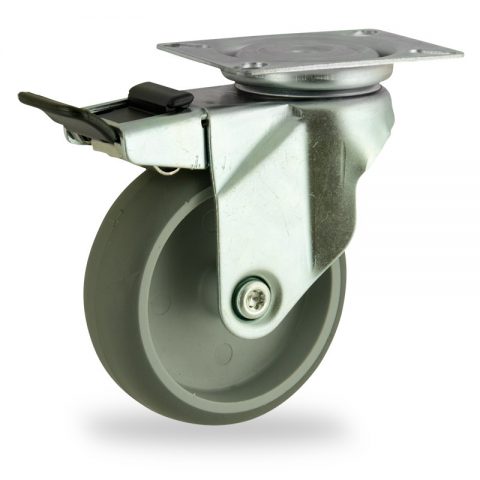 Stahlblech lenkrolle mit totalfeststeller 100mm für lichtwagen,rader aus grau thermoplasticher gummi,gleitlager.Montage mit platte