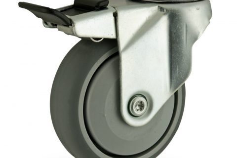 Stahlblech lenkrolle mit totalfeststeller 125mm für lichtwagen,rader aus grau thermoplasticher gummi,prazisionskugellager.Montage mit rückenloch