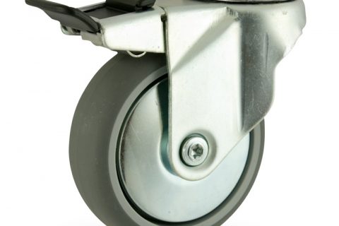 Stahlblech lenkrolle mit totalfeststeller 125mm für lichtwagen,rader aus grau thermoplasticher gummi,konuskugellager.Montage mit rückenloch