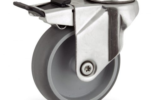 Edelstahl lenkrolle mit totalfeststeller 125mm für lichtwagen,rader aus grau thermoplasticher gummi,gleitlager.Montage mit rückenloch