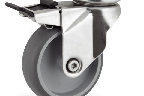 Edelstahl lenkrolle mit totalfeststeller 125mm für lichtwagen,rader aus grau thermoplasticher gummi,konuskugellager.Montage mit platte