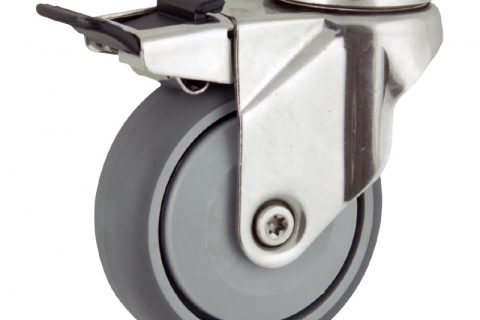 Edelstahl lenkrolle mit totalfeststeller 75mm für lichtwagen,rader aus grau thermoplasticher gummi,prazisionskugellager.Montage mit rückenloch