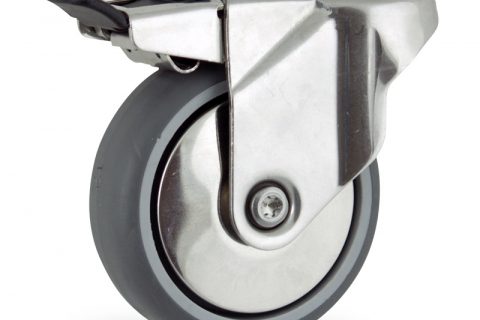 Edelstahl lenkrolle mit totalfeststeller 125mm für lichtwagen,rader aus grau thermoplasticher gummi,konuskugellager.Montage mit rückenloch