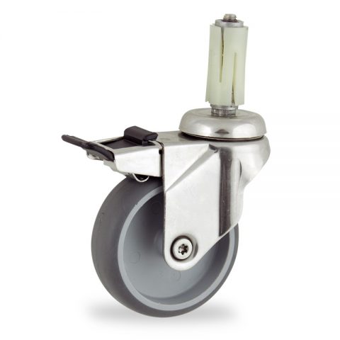 Edelstahl lenkrolle mit totalfeststeller 125mm für lichtwagen,rader aus grau thermoplasticher gummi,gleitlager.Montage mit runde expander 19/23