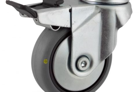 Stahlblech lenkrolle mit totalfeststeller 125mm für lichtwagen,rader aus elektrisch leitfahig grau thermoplasticher gummi,gleitlager.Montage mit rückenloch