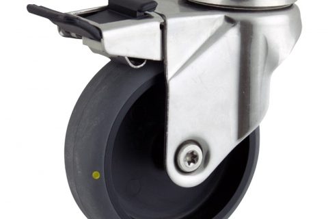 Edelstahl lenkrolle mit totalfeststeller 125mm für lichtwagen,rader aus elektrisch leitfahig grau thermoplasticher gummi,gleitlager.Montage mit rückenloch