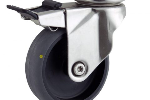 Edelstahl lenkrolle mit totalfeststeller 125mm für lichtwagen,rader aus elektrisch leitfahig grau thermoplasticher gummi,gleitlager.Montage mit platte